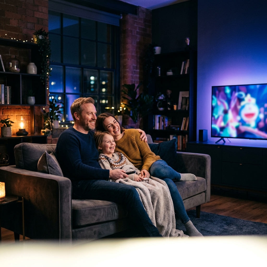 Family watching streamlixy IPTV on TV