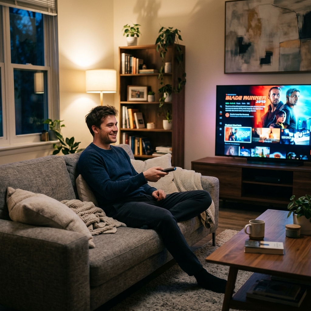 Man choosing a streamlixy plan on TV